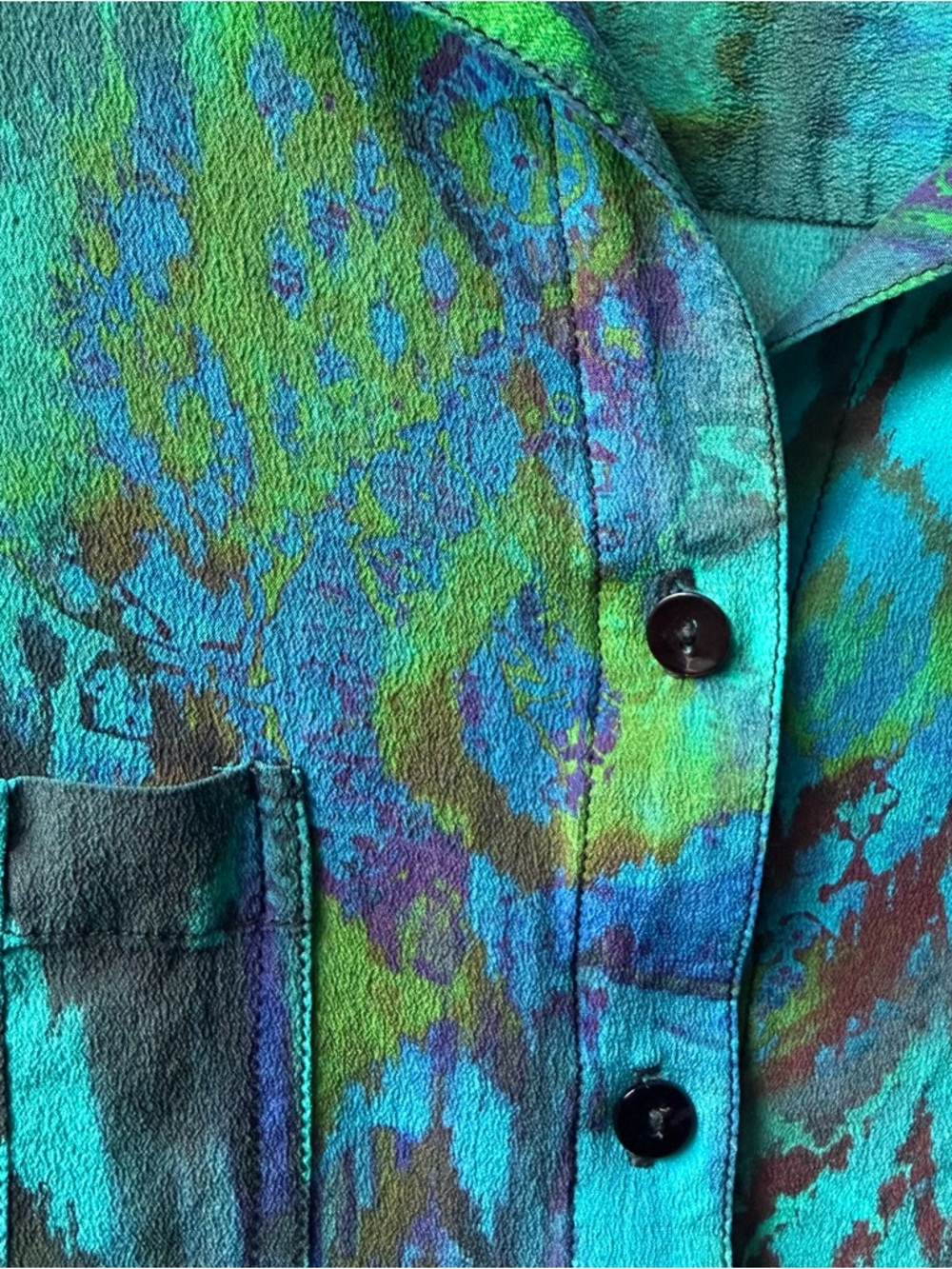 Tianello Silk Teal & Blue Abstract Print Button-Down Tunic style blouse - Picture 5 of 7